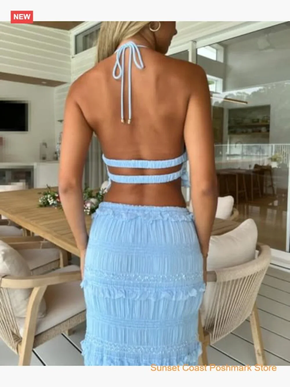 Y2k Maxi Skirt Set Backless Lace Halter Crop Top and Long Skirt 2 PCS Outfit